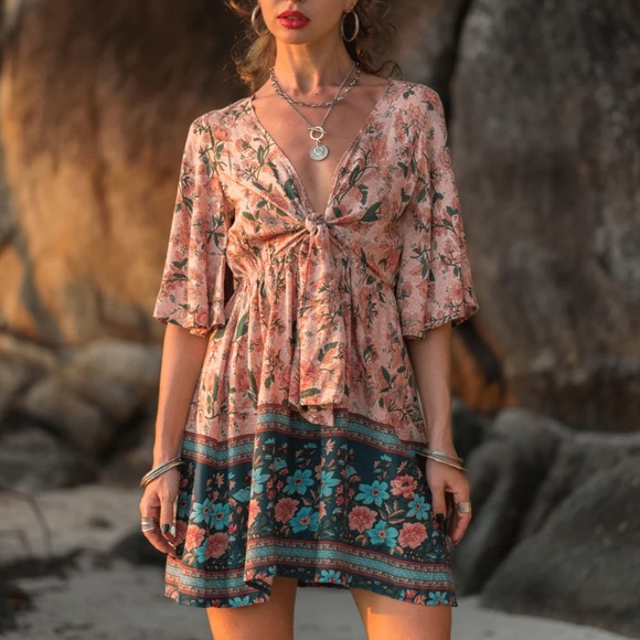 SELFIE LESLIE - Suva Tie Knot Bust Boho Floral A-Line Dress - Picture 5 of 16